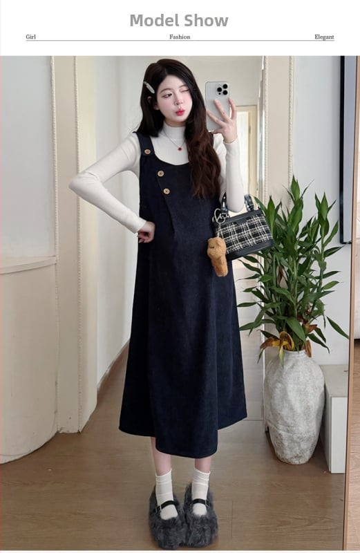 Бременна комплект: топ с дълъг ръкав и пола с презрамки, Chenille тъкан, Зима 2025, японско-корейски свободен стил