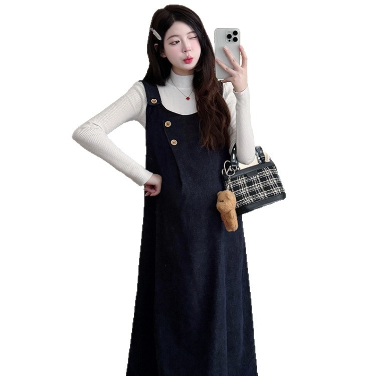 Бременна комплект: топ с дълъг ръкав и пола с презрамки, Chenille тъкан, Зима 2025, японско-корейски свободен стил