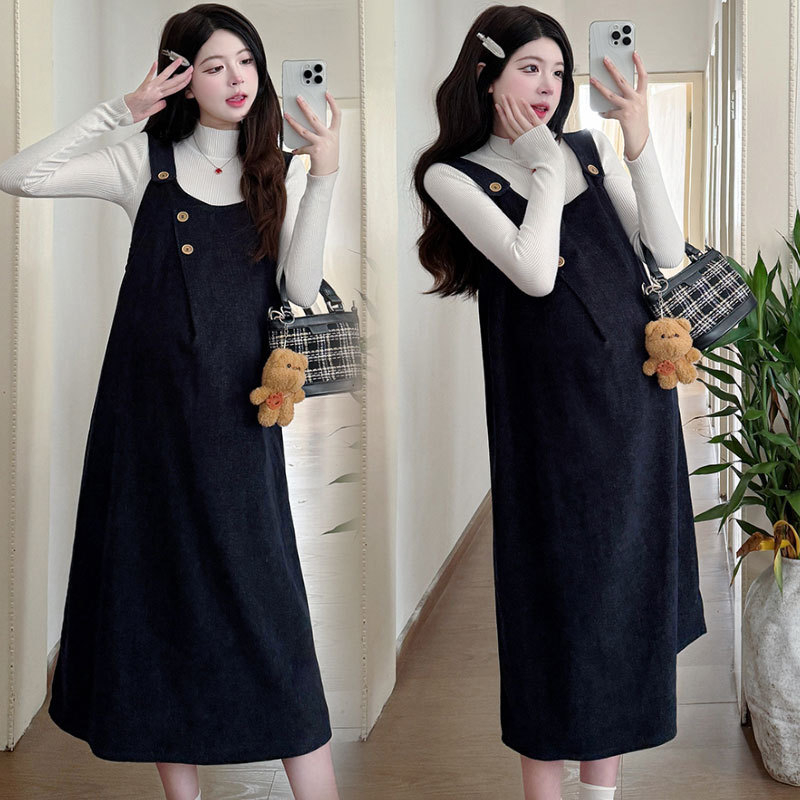 Бременна комплект: топ с дълъг ръкав и пола с презрамки, Chenille тъкан, Зима 2025, японско-корейски свободен стил