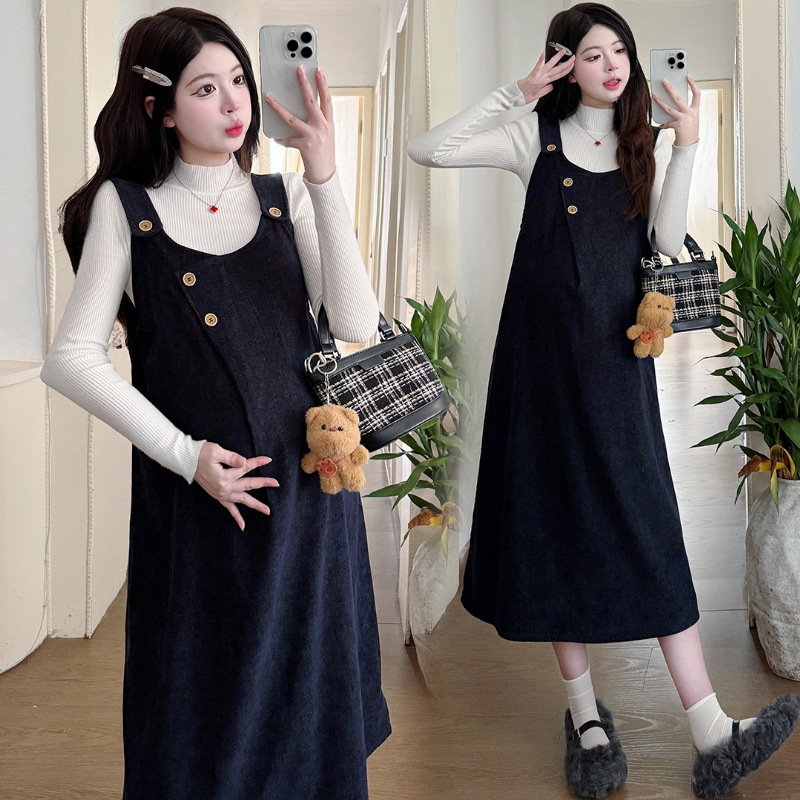 Бременна комплект: топ с дълъг ръкав и пола с презрамки, Chenille тъкан, Зима 2025, японско-корейски свободен стил