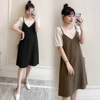 Рокля за бременни – лято 2023, свободен силует, patchwork дизайн, фиктивен двукомпонентен стил, къс ръкав, кръгло деколте, средна дължина, полиестер