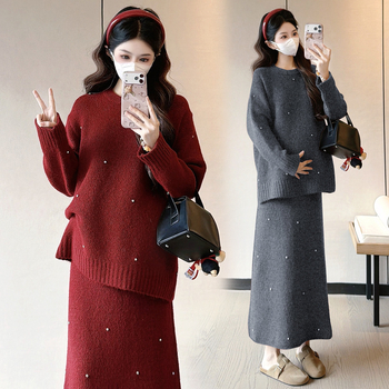 Майчински комплект поли – памук-полиестер, ръкав 9/10, пола със средна дължина, солиден принт, есенно-зимен сезон