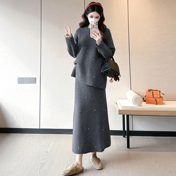 Майчински комплект поли – памук-полиестер, ръкав 9/10, пола със средна дължина, солиден принт, есенно-зимен сезон