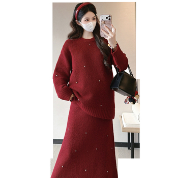 Майчински комплект поли – памук-полиестер, ръкав 9/10, пола със средна дължина, солиден принт, есенно-зимен сезон