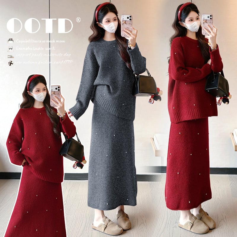 Майчински комплект поли – памук-полиестер, ръкав 9/10, пола със средна дължина, солиден принт, есенно-зимен сезон