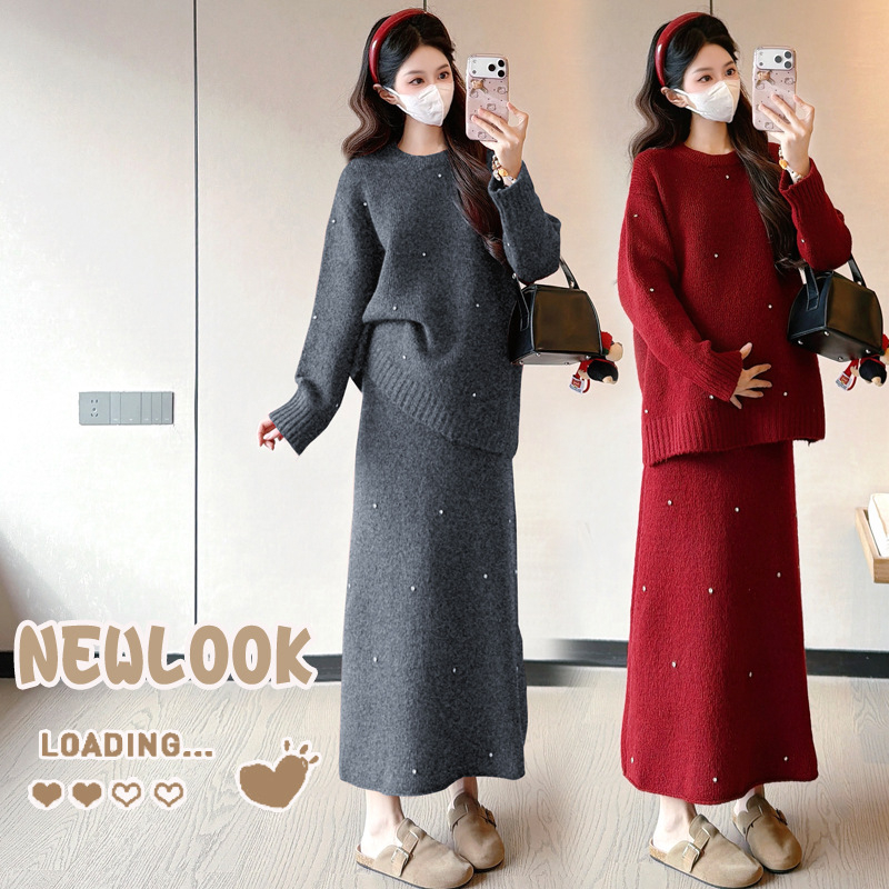 Майчински комплект поли – памук-полиестер, ръкав 9/10, пола със средна дължина, солиден принт, есенно-зимен сезон