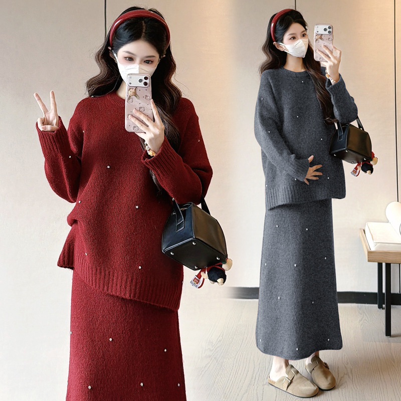 Майчински комплект поли – памук-полиестер, ръкав 9/10, пола със средна дължина, солиден принт, есенно-зимен сезон