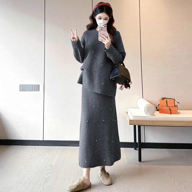 Майчински комплект поли – памук-полиестер, ръкав 9/10, пола със средна дължина, солиден принт, есенно-зимен сезон