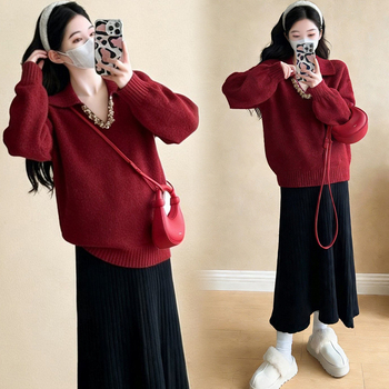 Комплект за бременни: трикотажен топ и пола, солиден модел, акрилна материя, дълги ръкави, японско-кореански casual стил