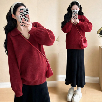 Комплект за бременни: трикотажен топ и пола, солиден модел, акрилна материя, дълги ръкави, японско-кореански casual стил