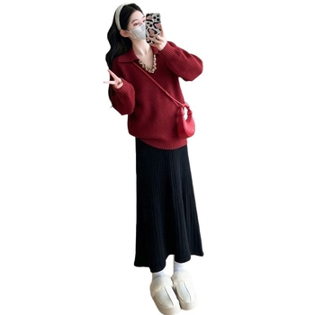 Комплект за бременни: трикотажен топ и пола, солиден модел, акрилна материя, дълги ръкави, японско-кореански casual стил