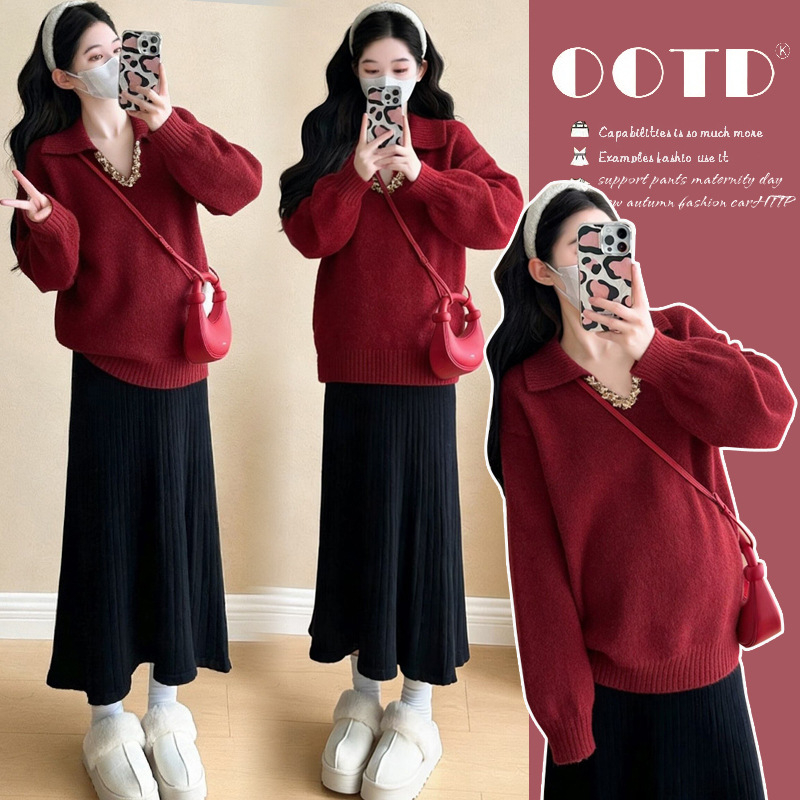 Комплект за бременни: трикотажен топ и пола, солиден модел, акрилна материя, дълги ръкави, японско-кореански casual стил