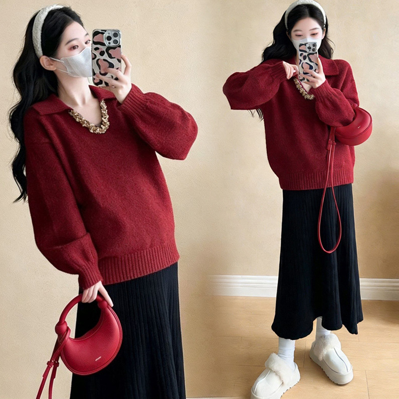 Комплект за бременни: трикотажен топ и пола, солиден модел, акрилна материя, дълги ръкави, японско-кореански casual стил