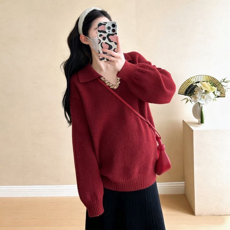 Комплект за бременни: трикотажен топ и пола, солиден модел, акрилна материя, дълги ръкави, японско-кореански casual стил