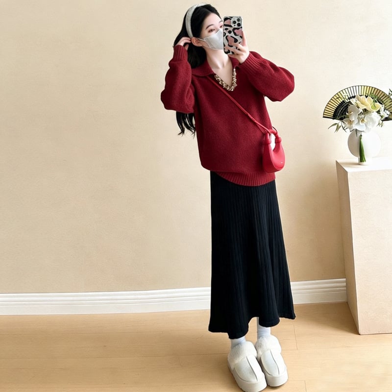 Комплект за бременни: трикотажен топ и пола, солиден модел, акрилна материя, дълги ръкави, японско-кореански casual стил