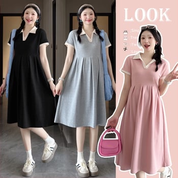 Рокля за бременни за лято: кръгло деколте, ръкав 3/4, полиестер 95%+, А-линия миди рокля, едноцветна