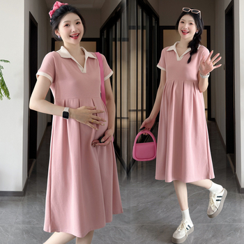 Рокля за бременни за лято: кръгло деколте, ръкав 3/4, полиестер 95%+, А-линия миди рокля, едноцветна