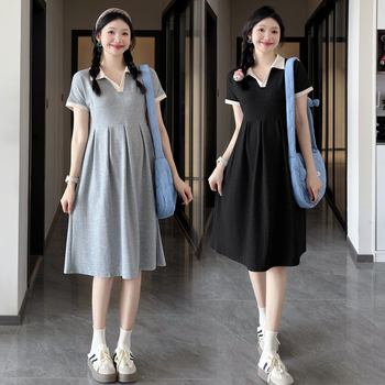 Рокля за бременни за лято: кръгло деколте, ръкав 3/4, полиестер 95%+, А-линия миди рокля, едноцветна