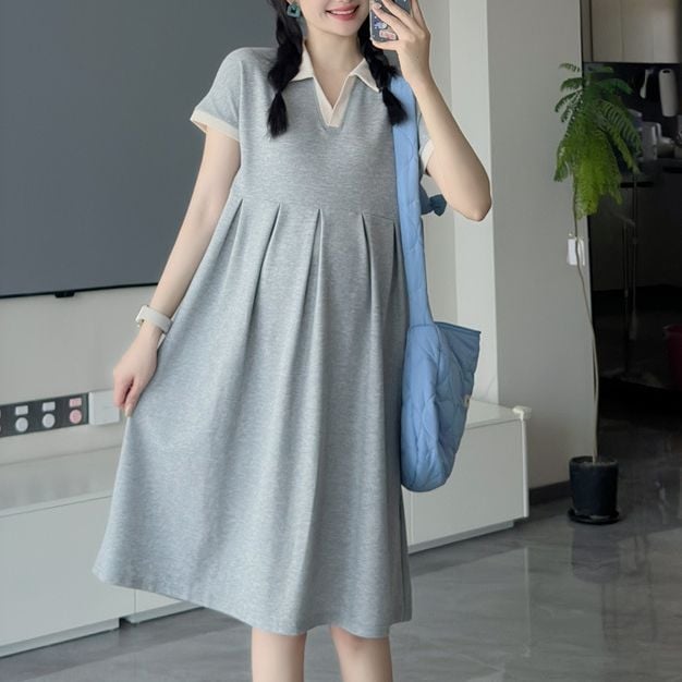 Рокля за бременни за лято: кръгло деколте, ръкав 3/4, полиестер 95%+, А-линия миди рокля, едноцветна