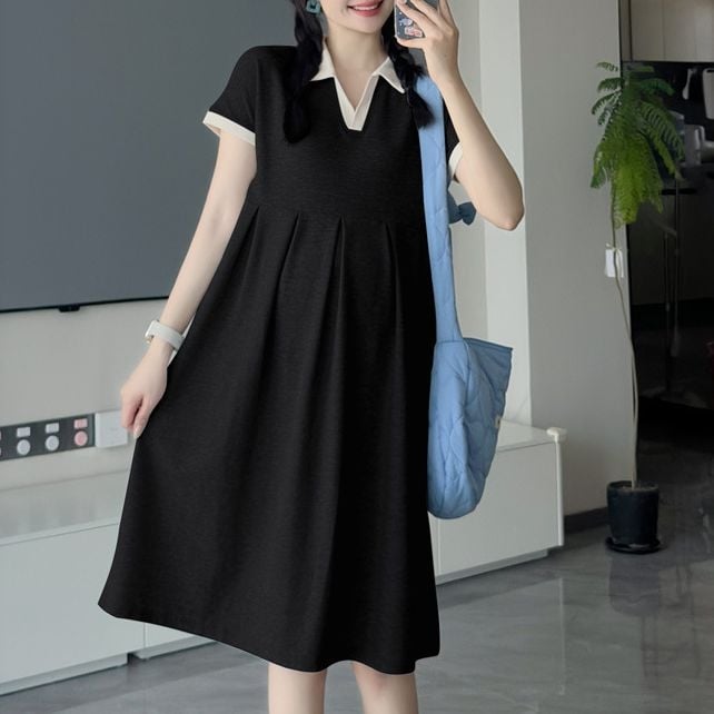 Рокля за бременни за лято: кръгло деколте, ръкав 3/4, полиестер 95%+, А-линия миди рокля, едноцветна