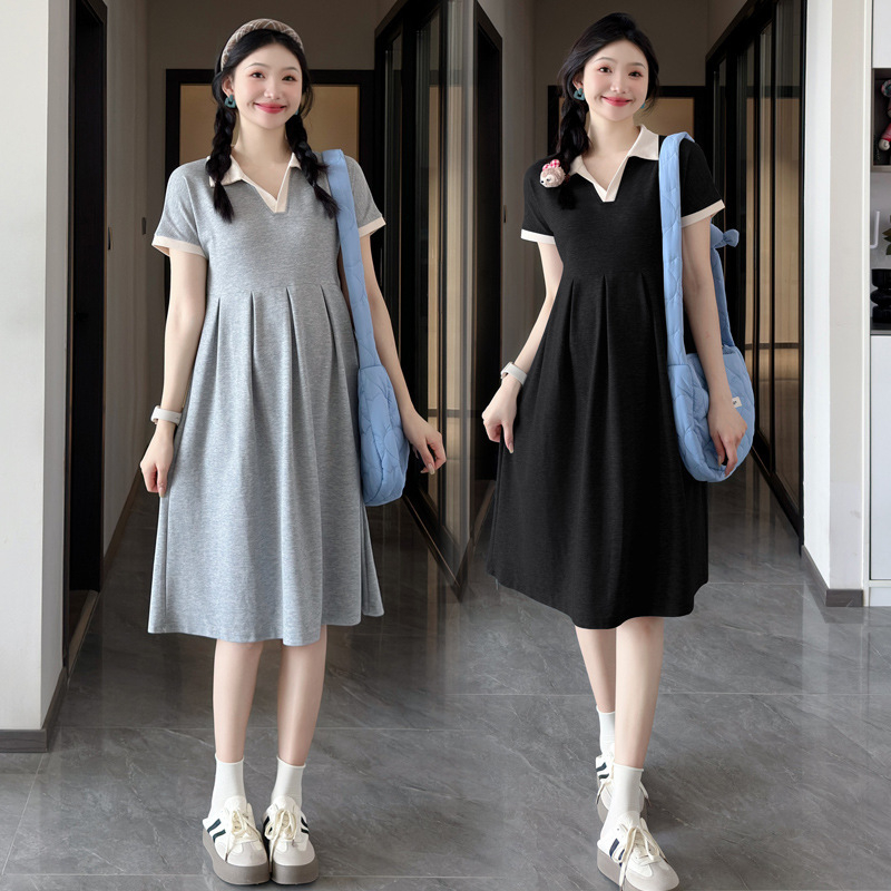 Рокля за бременни за лято: кръгло деколте, ръкав 3/4, полиестер 95%+, А-линия миди рокля, едноцветна