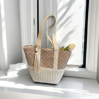 Slamnata pleteni torba za rame, horizontalni kvadratni oblik, prugasti uzorak, poliester podstava