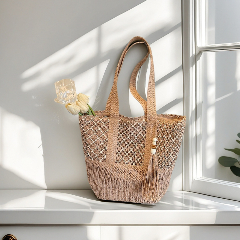 Slamnata pleteni torba za rame, horizontalni kvadratni oblik, prugasti uzorak, poliester podstava