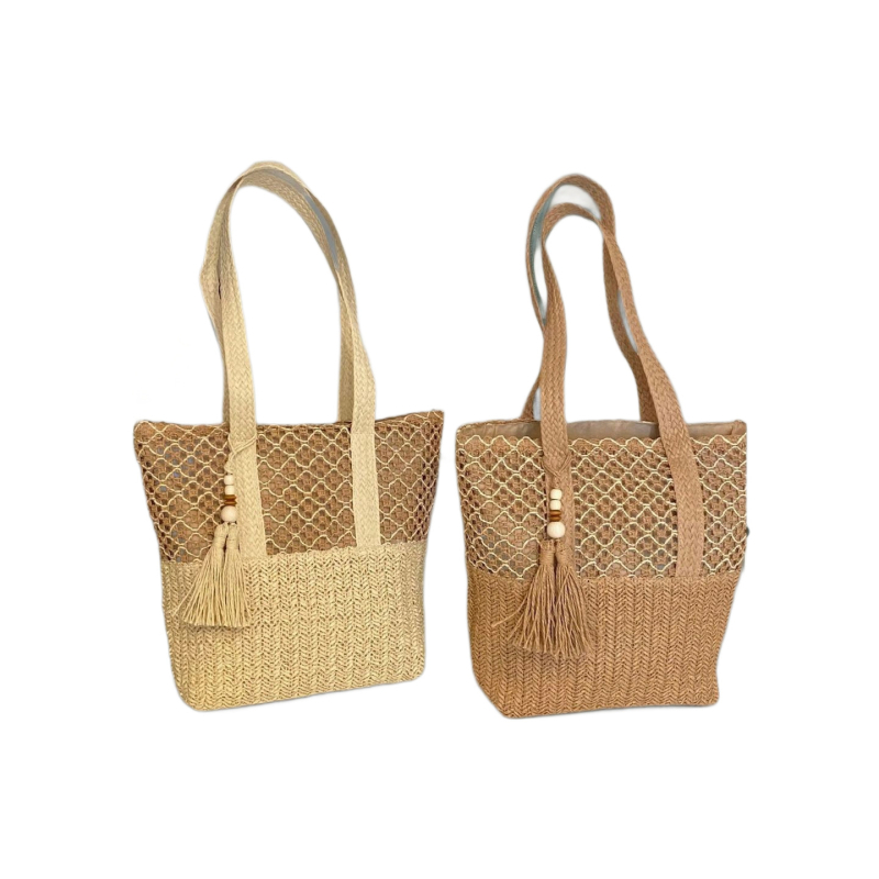 Slamnata pleteni torba za rame, horizontalni kvadratni oblik, prugasti uzorak, poliester podstava