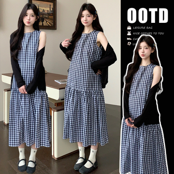 Комплект рокля за бременни – райета/каре модел, дълги ръкави, рокля с средна дължина, полиестер, японско-кореански ежедневен стил
