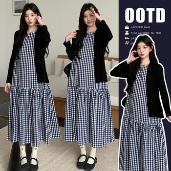Комплект рокля за бременни – райета/каре модел, дълги ръкави, рокля с средна дължина, полиестер, японско-кореански ежедневен стил