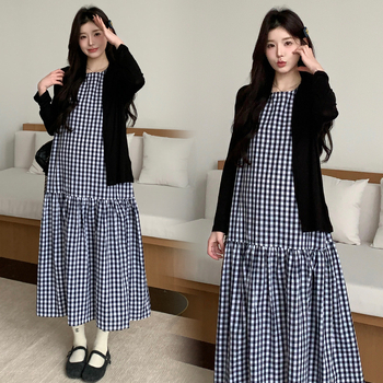 Комплект рокля за бременни – райета/каре модел, дълги ръкави, рокля с средна дължина, полиестер, японско-кореански ежедневен стил