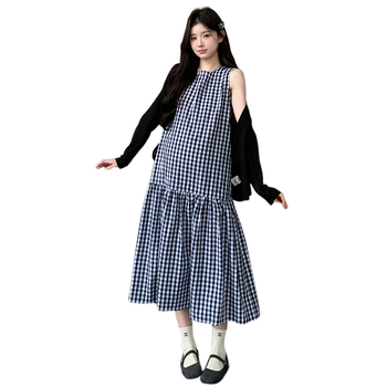 Комплект рокля за бременни – райета/каре модел, дълги ръкави, рокля с средна дължина, полиестер, японско-кореански ежедневен стил