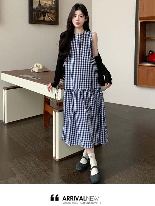 Комплект рокля за бременни – райета/каре модел, дълги ръкави, рокля с средна дължина, полиестер, японско-кореански ежедневен стил