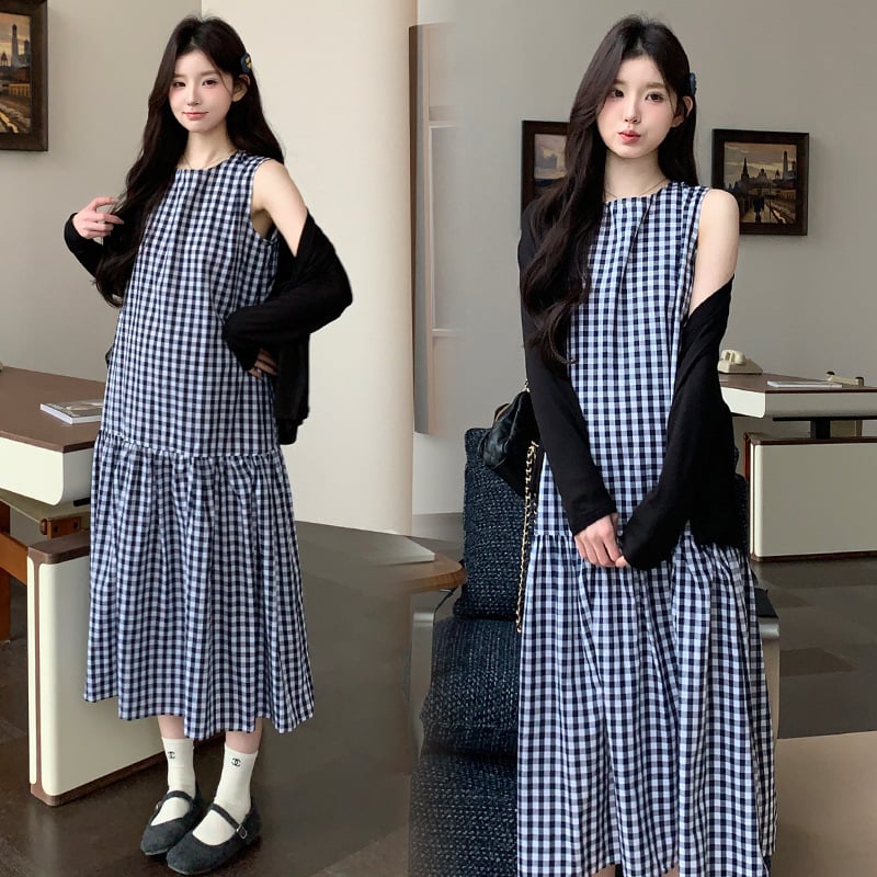 Комплект рокля за бременни – райета/каре модел, дълги ръкави, рокля с средна дължина, полиестер, японско-кореански ежедневен стил