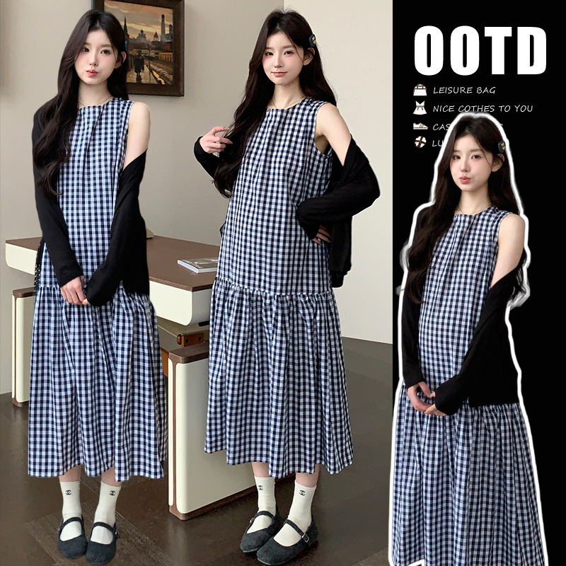 Комплект рокля за бременни – райета/каре модел, дълги ръкави, рокля с средна дължина, полиестер, японско-кореански ежедневен стил