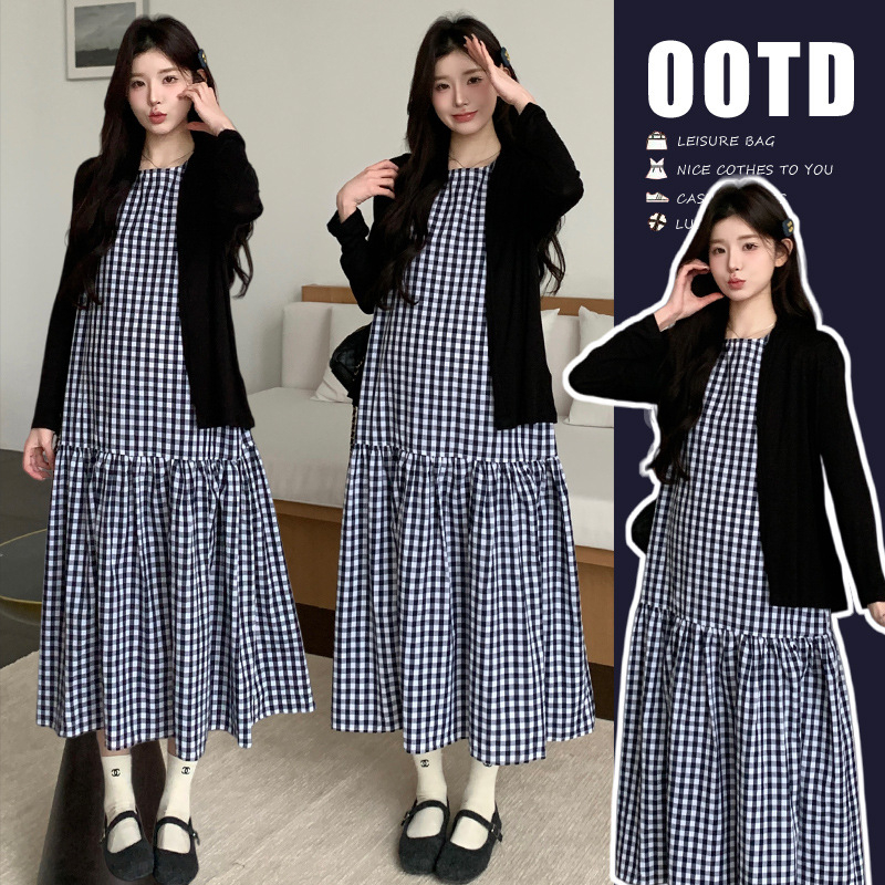 Комплект рокля за бременни – райета/каре модел, дълги ръкави, рокля с средна дължина, полиестер, японско-кореански ежедневен стил
