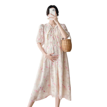 Майчинска рокля за кърмене от шифон, V-образно деколте, ръкав ¾, дълга пачуърк пола