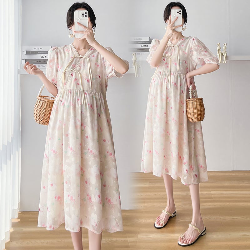 Майчинска рокля за кърмене от шифон, V-образно деколте, ръкав ¾, дълга пачуърк пола