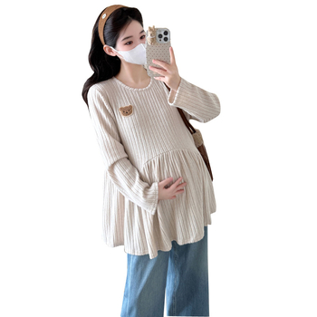 Дамска бременна плетена блуза с пухкава яка - памук 95%+, дълги ръкави, солиден модел (бренд YQ)