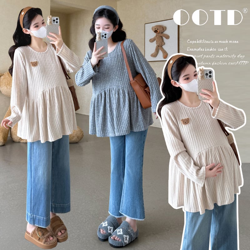 Дамска бременна плетена блуза с пухкава яка - памук 95%+, дълги ръкави, солиден модел (бренд YQ)