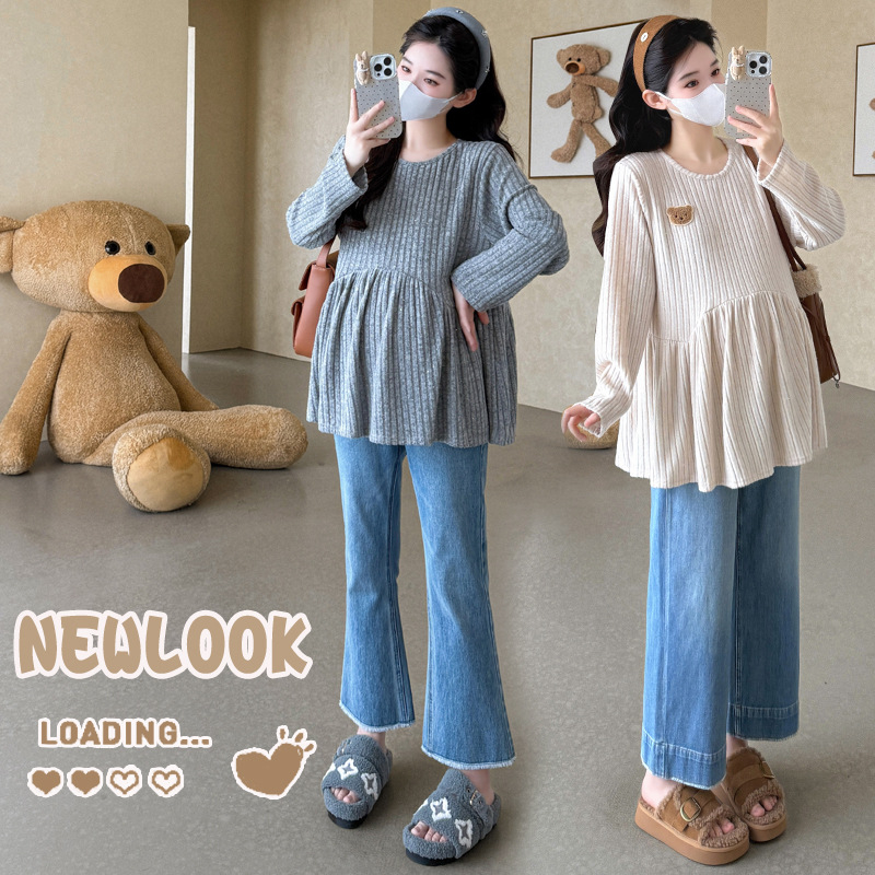 Дамска бременна плетена блуза с пухкава яка - памук 95%+, дълги ръкави, солиден модел (бренд YQ)