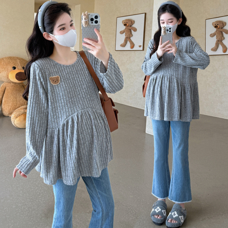 Дамска бременна плетена блуза с пухкава яка - памук 95%+, дълги ръкави, солиден модел (бренд YQ)