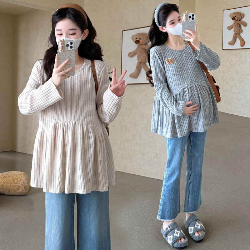 Дамска бременна плетена блуза с пухкава яка - памук 95%+, дълги ръкави, солиден модел (бренд YQ)