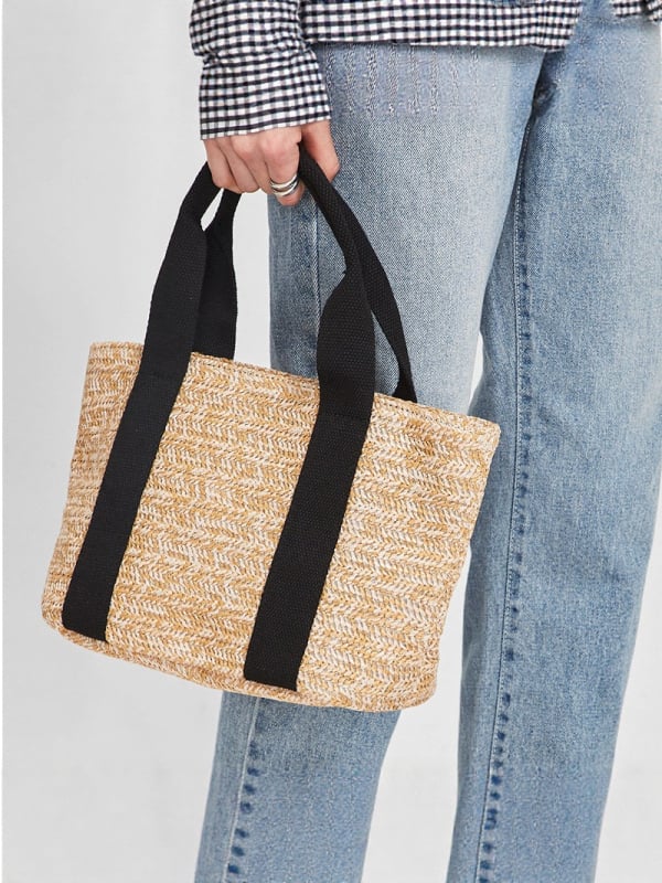 PE torba od slamnate tkanine, bucket bag, stil Fresh and Sweet, magnetsko zatvaranje