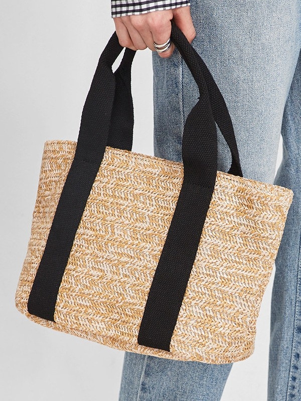PE torba od slamnate tkanine, bucket bag, stil Fresh and Sweet, magnetsko zatvaranje