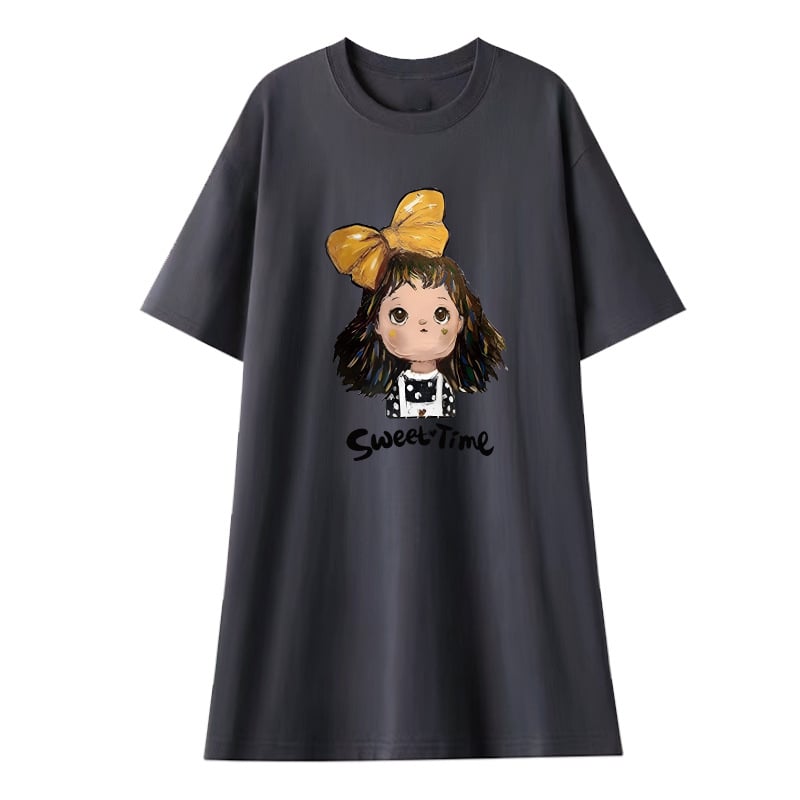 Майчинска лятна рокля за бременни — кръгло деколте, ръкав ¾, полиестерова материя, принт карикатура, миди дължина