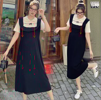 Рокля с кръгло деколте, дълги ръкави, А‑линия и средна дължина.