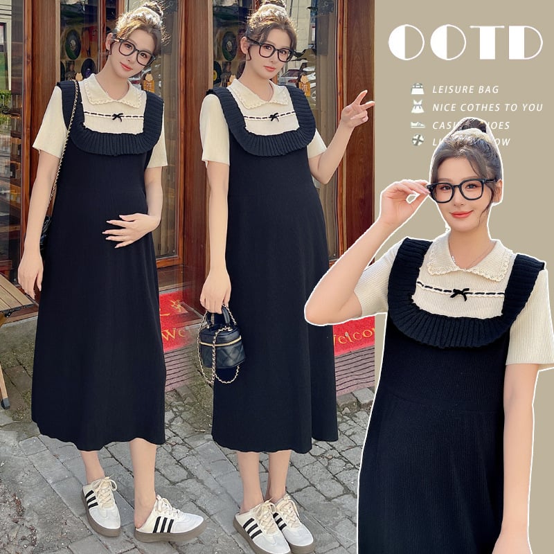 Рокля с кръгло деколте, дълги ръкави, А‑линия и средна дължина.