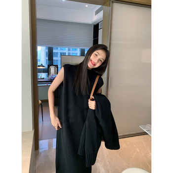 Корейски стил бременна плетен комплект: средно дълга пола, жилетка и дълъг ръкав кардиган, полиестер, есен 2023