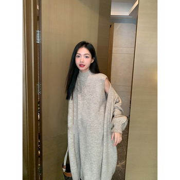 Корейски стил бременна плетен комплект: средно дълга пола, жилетка и дълъг ръкав кардиган, полиестер, есен 2023